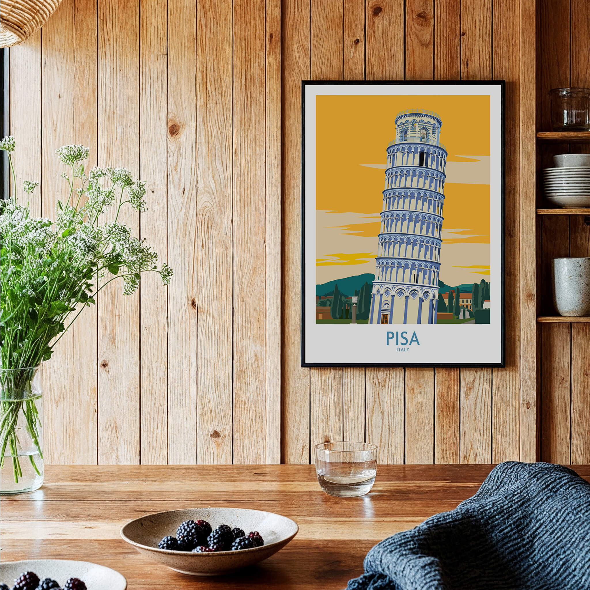 Pisa Tower Italy Print showcasing the iconic leaning tower in a stylish interior setting with wooden elements.