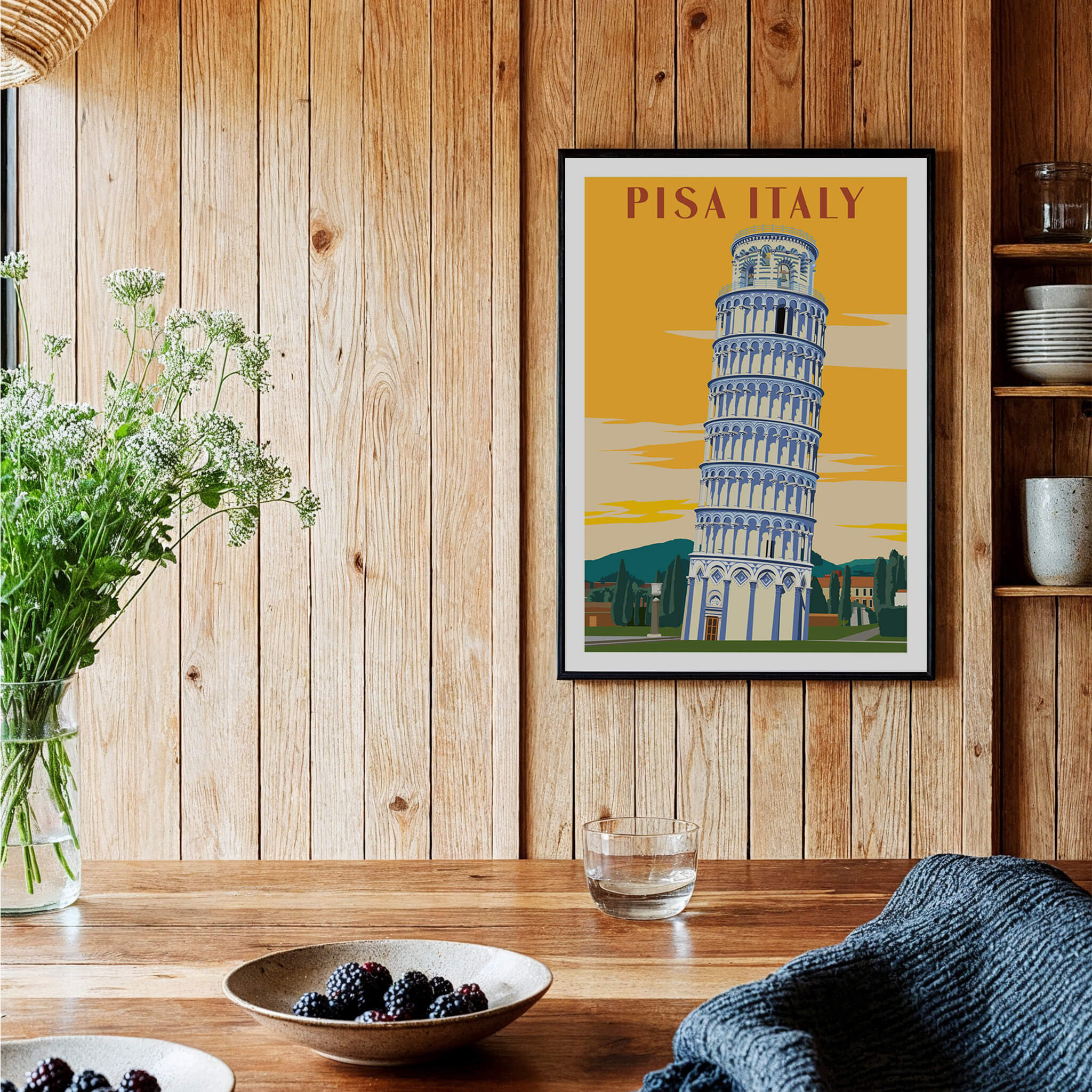 Pisa Tower Print Poster Italy Wall Art displayed in a cozy dining space with wooden decor and rustic elements.