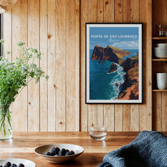 Ponta de São Lourenço Madeira travel poster in black frame, wall art in rustic kitchen decor