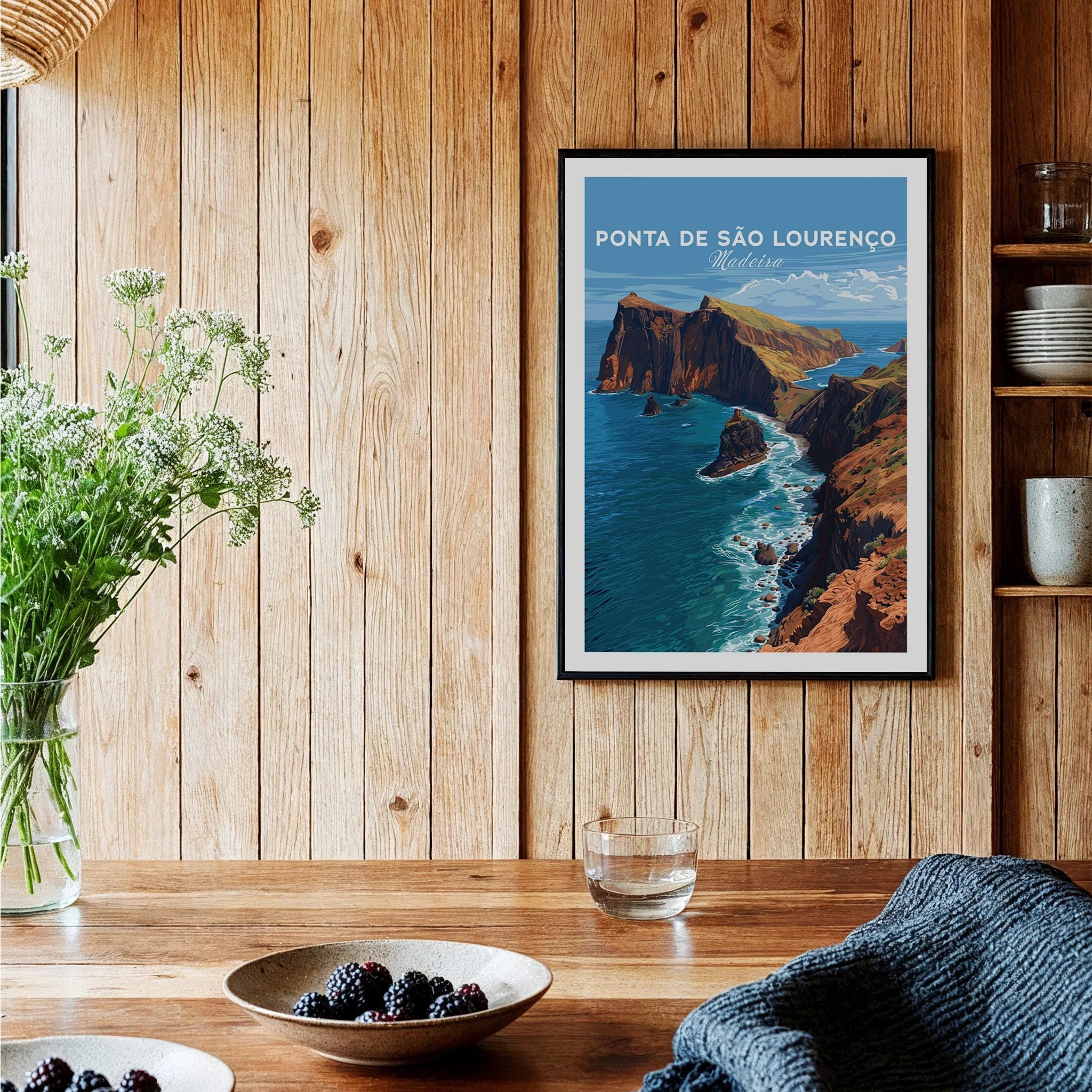 Ponta de São Lourenço Madeira travel poster in black frame, wall art in rustic kitchen decor