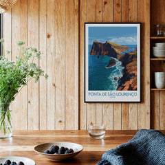 Framed Ponta de São Lourenço Madeira travel poster on wood wall in cozy kitchen setting