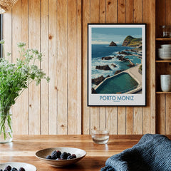 Porto Moniz Madeira travel poster framed on wood kitchen wall, rustic home decor