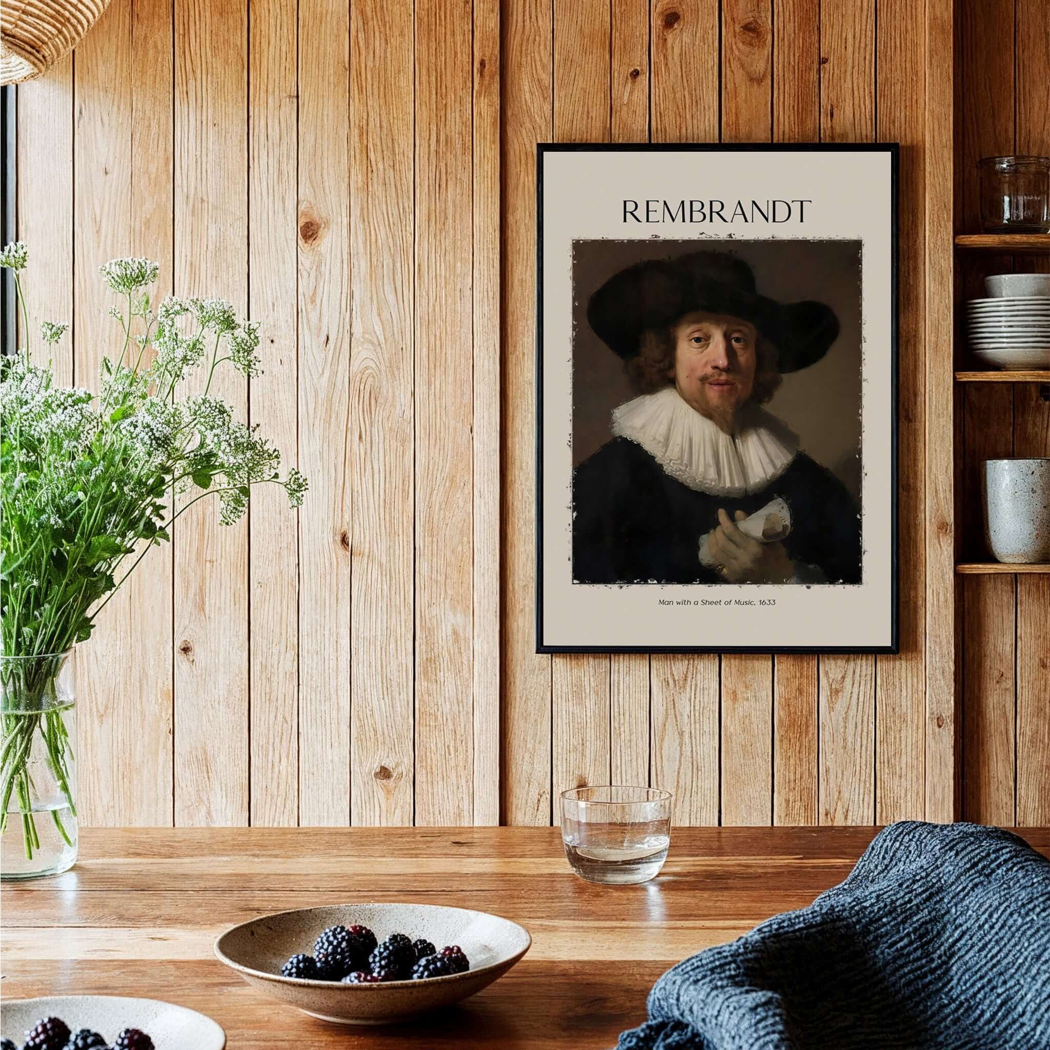 Rembrandt Man with Sheet Music 1633 Portrait Art Print Dutch Master Poster displayed in a cozy wooden room.