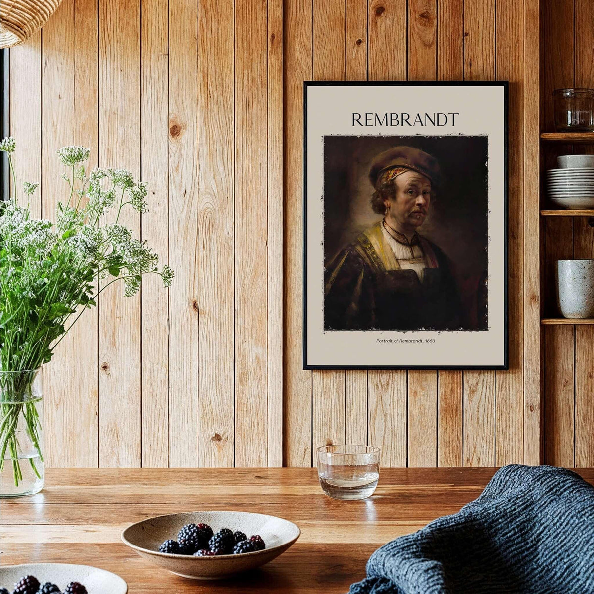 Rembrandt Self Portrait 1650 Dutch Master Painter Art Print Poster Wall Decor displayed on wooden wall with decor