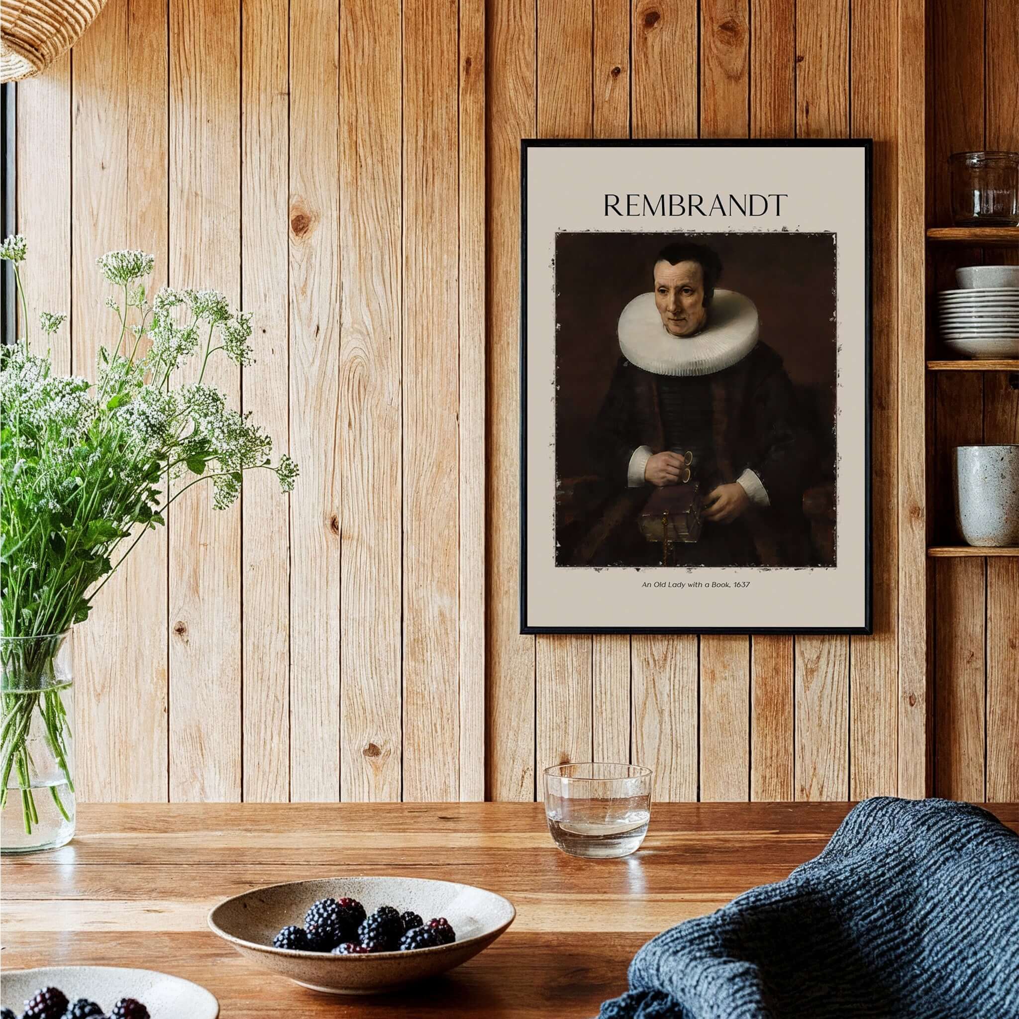Rembrandt Old Lady with Book 1637 Portrait Print Dutch Golden Age Poster Art displayed in a cozy setting.