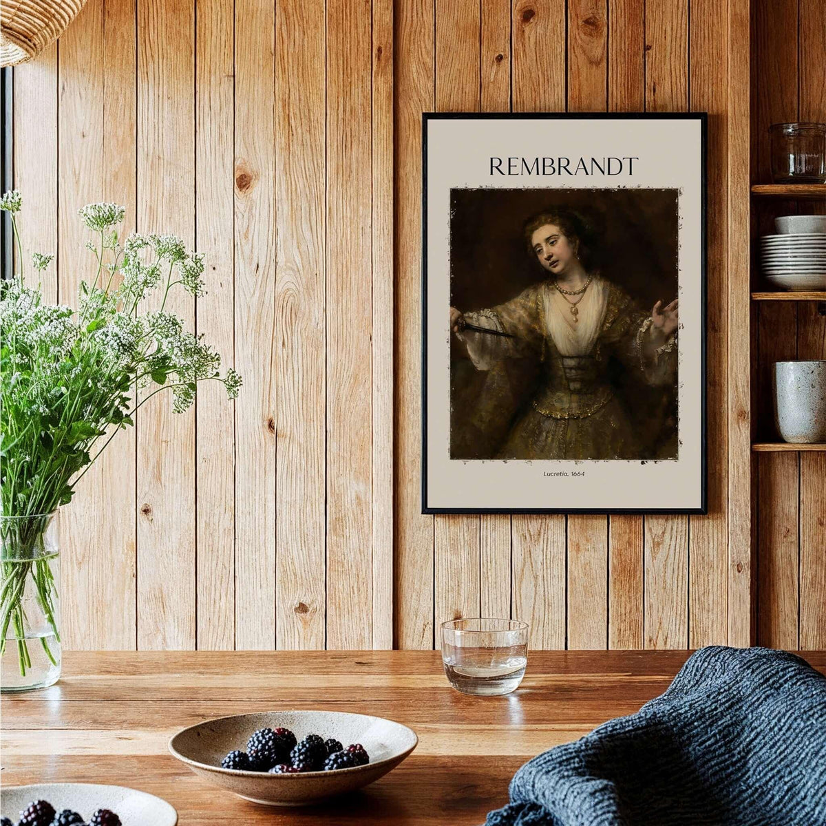 Rembrandt Lucretia 1664 Painting Art Print Baroque Historical Poster Wall Decor displayed on wooden wall.