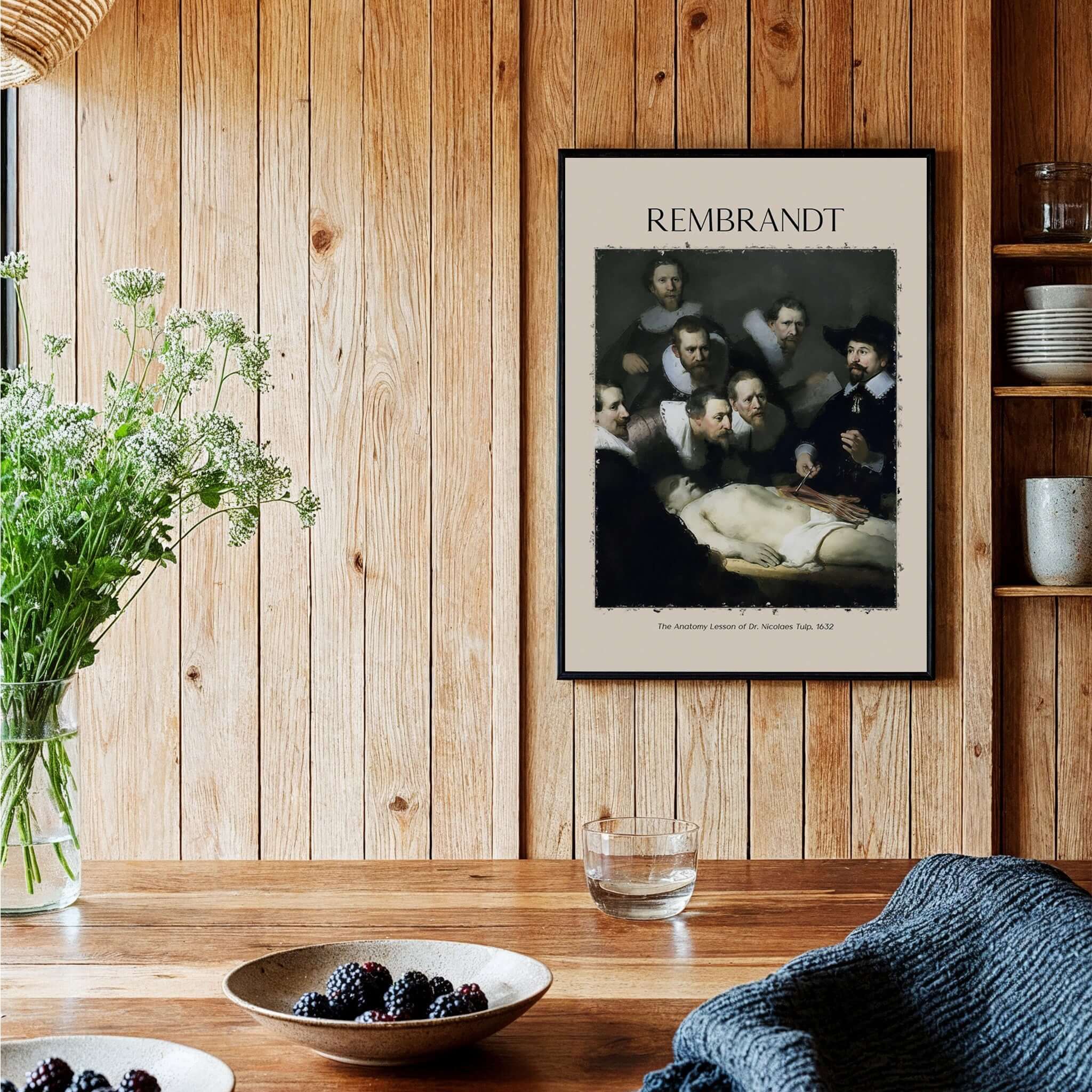 Rembrandt Anatomy Lesson Dr Tulp 1632 Group Portrait Art Print Dutch Master Poster displayed in a cozy room setting.