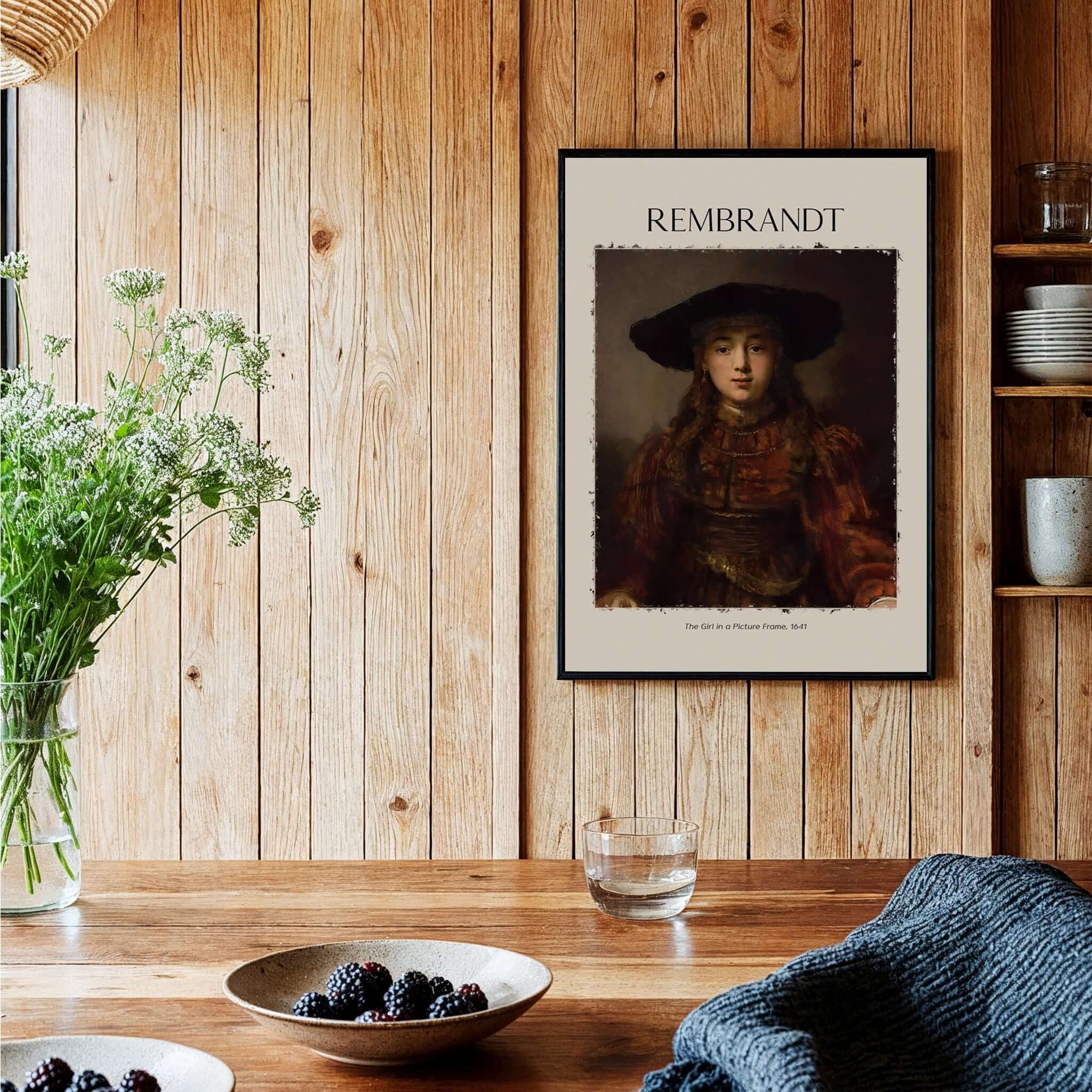 Rembrandt Girl Picture Frame 1641 Portrait Art Print Dutch Golden Age Poster Decor displayed in a cozy interior.