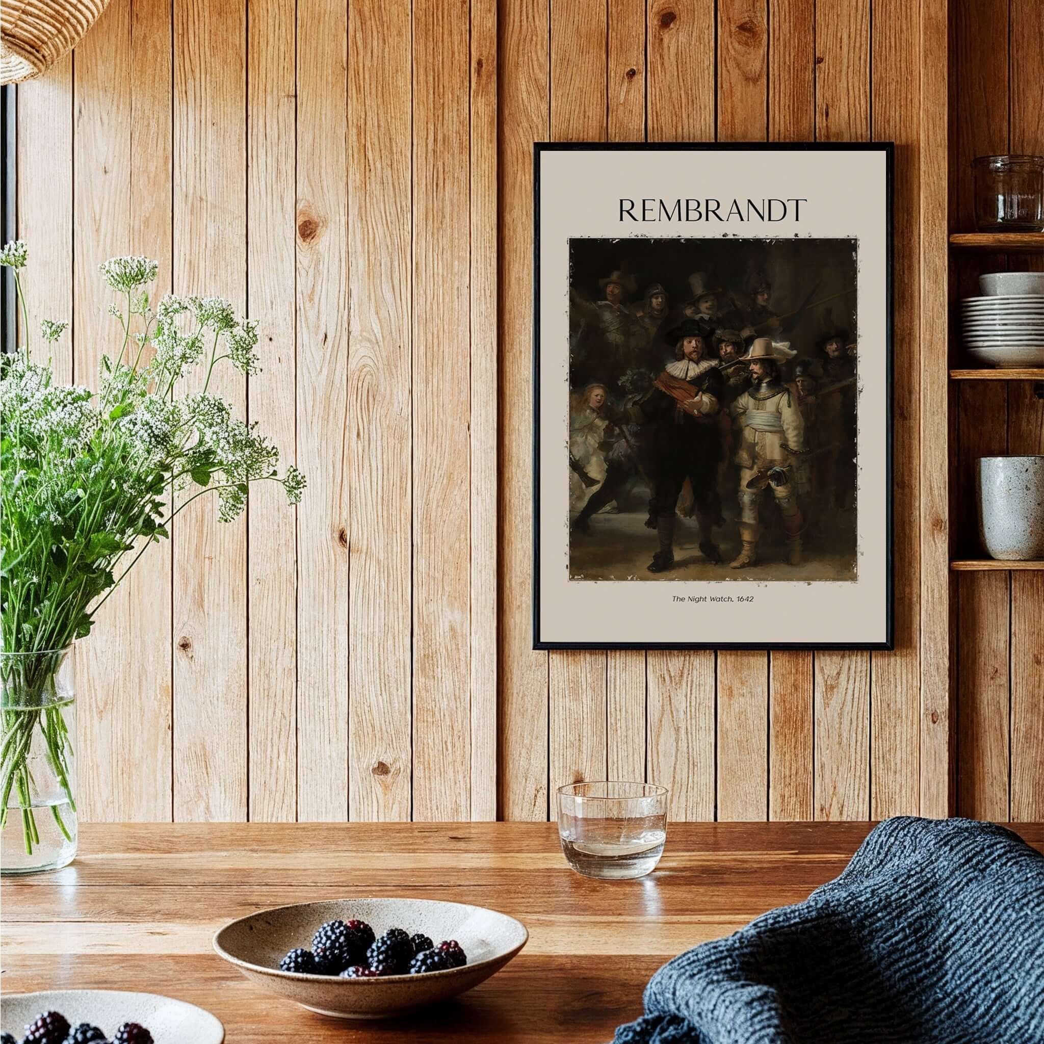 Rembrandt The Night Watch 1642 Famous Dutch Master Painting Art Print Poster displayed in a cozy home setting.