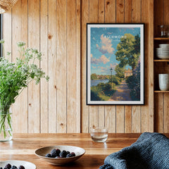 Richmond London travel poster art print with river and trees in cozy wooden kitchen setting