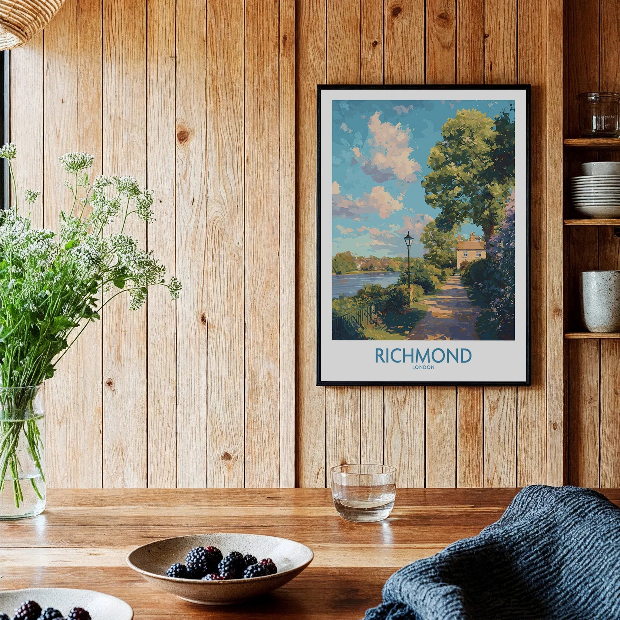 Richmond London art print with river and trees, framed and displayed in a rustic kitchen setting