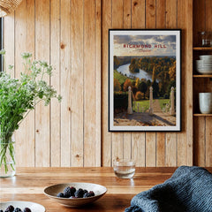 Richmond Hill London art print with river view in black frame on wood kitchen wall