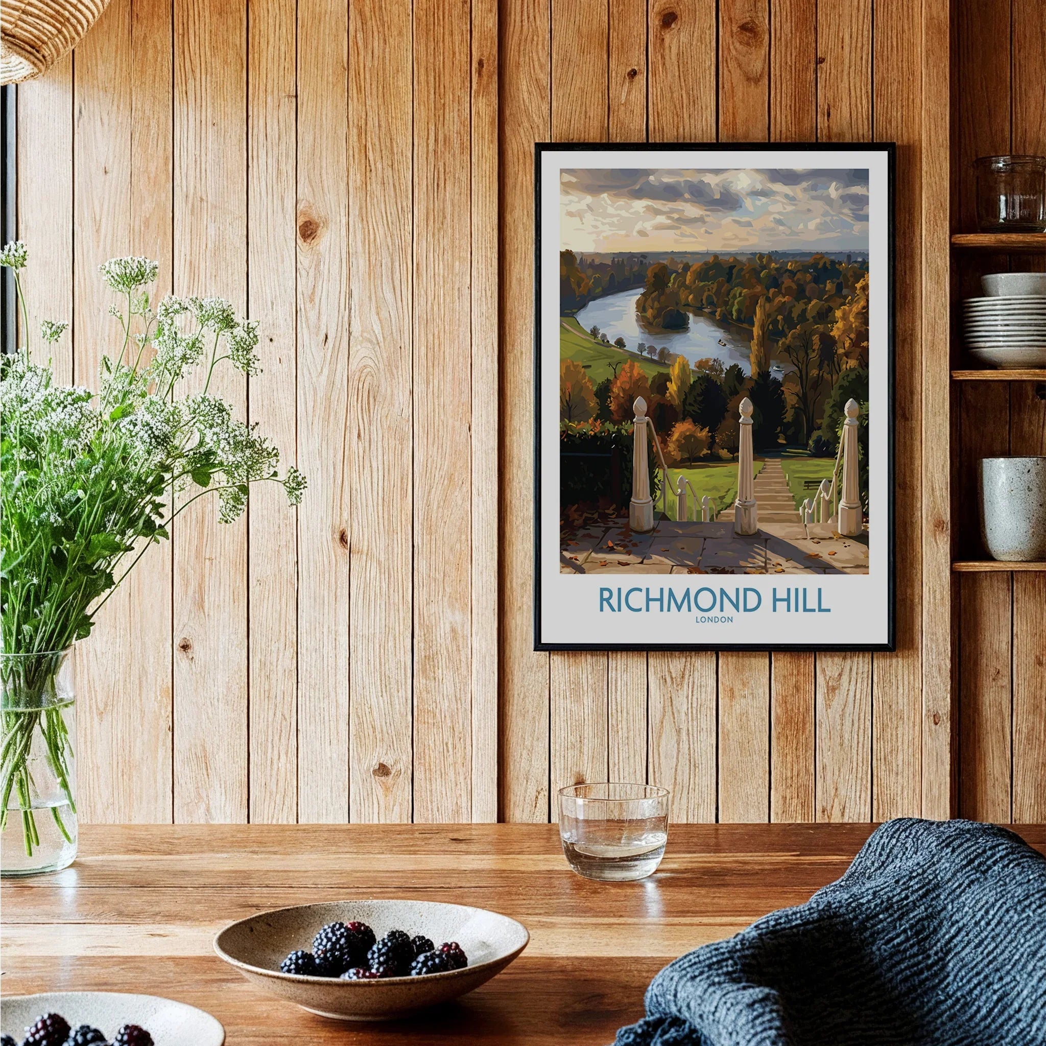 Richmond Hill London art print in black frame, wall decor in cozy wood kitchen setting
