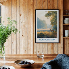 Richmond Park art print with deer, framed on wood wall in cozy kitchen setting