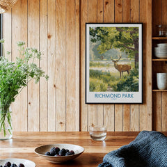 Richmond Park framed art print with stag, displayed in rustic kitchen setting