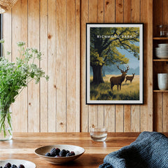 Richmond Park art print with deer, framed on wooden wall in cozy kitchen setting
