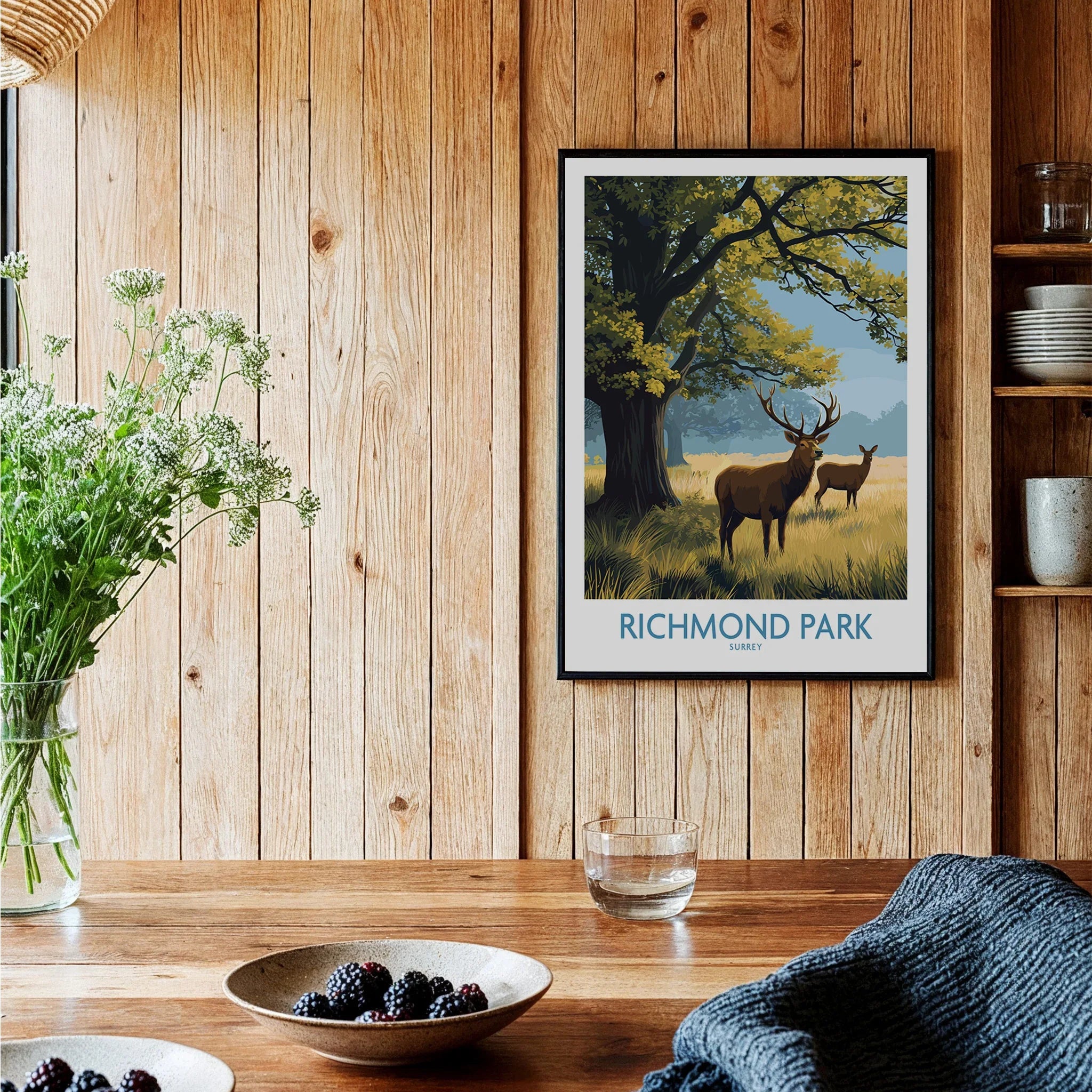 Richmond Park art print with deer in a modern wood kitchen setting