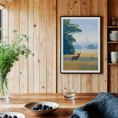 Richmond Park art print with deer in wooden kitchen setting, rustic wall decor
