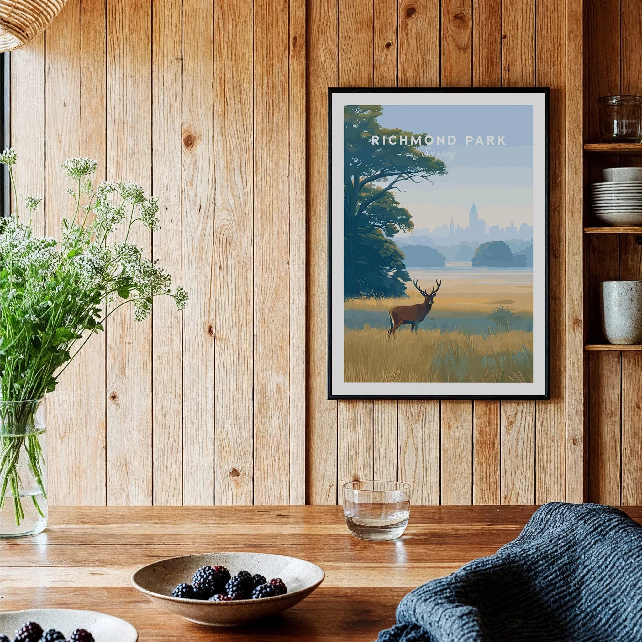 Richmond Park art print with deer in wooden kitchen setting, rustic wall decor