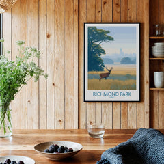 Richmond Park travel art print with deer in a rustic kitchen setting, wooden wall background