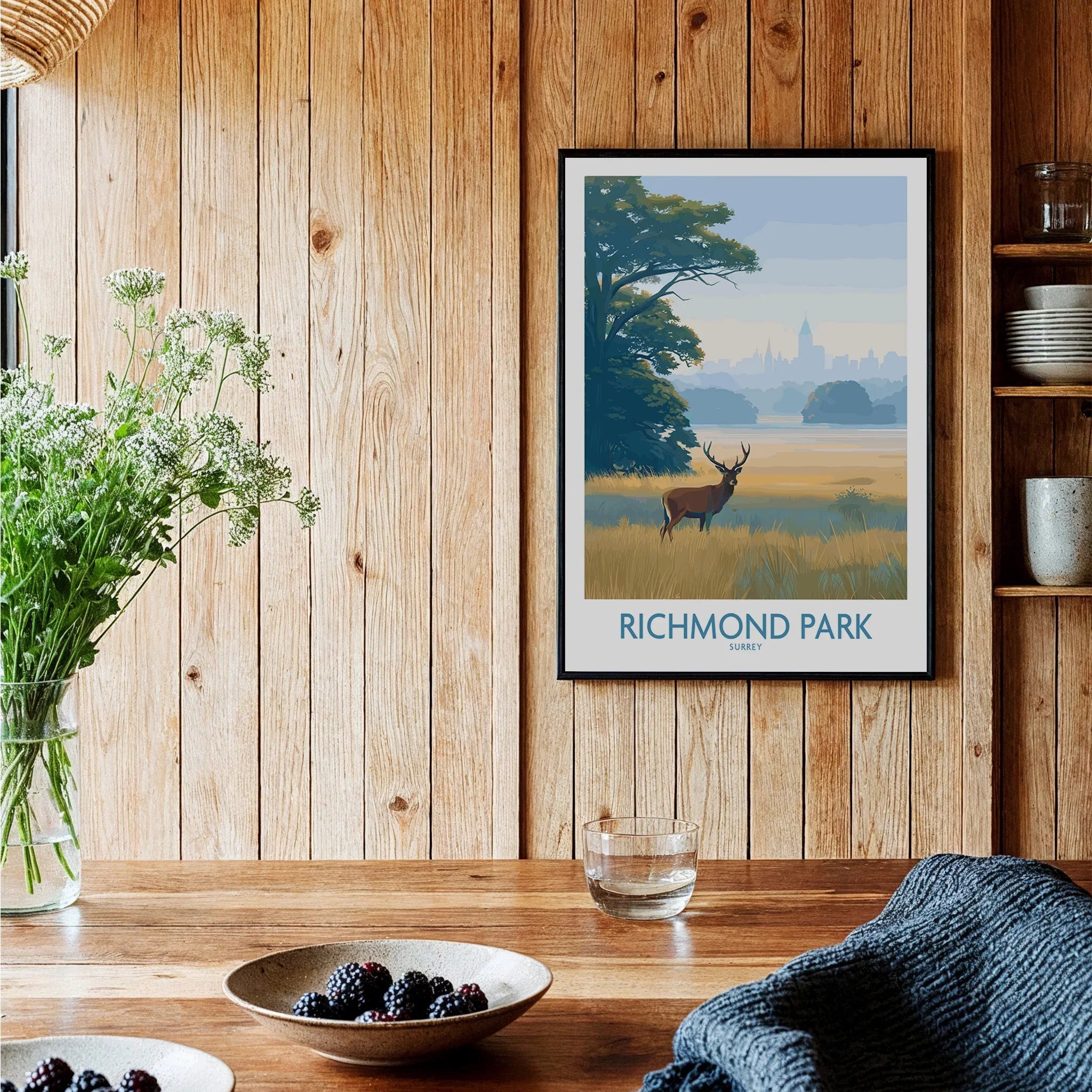Richmond Park travel art print with deer in a rustic kitchen setting, wooden wall background