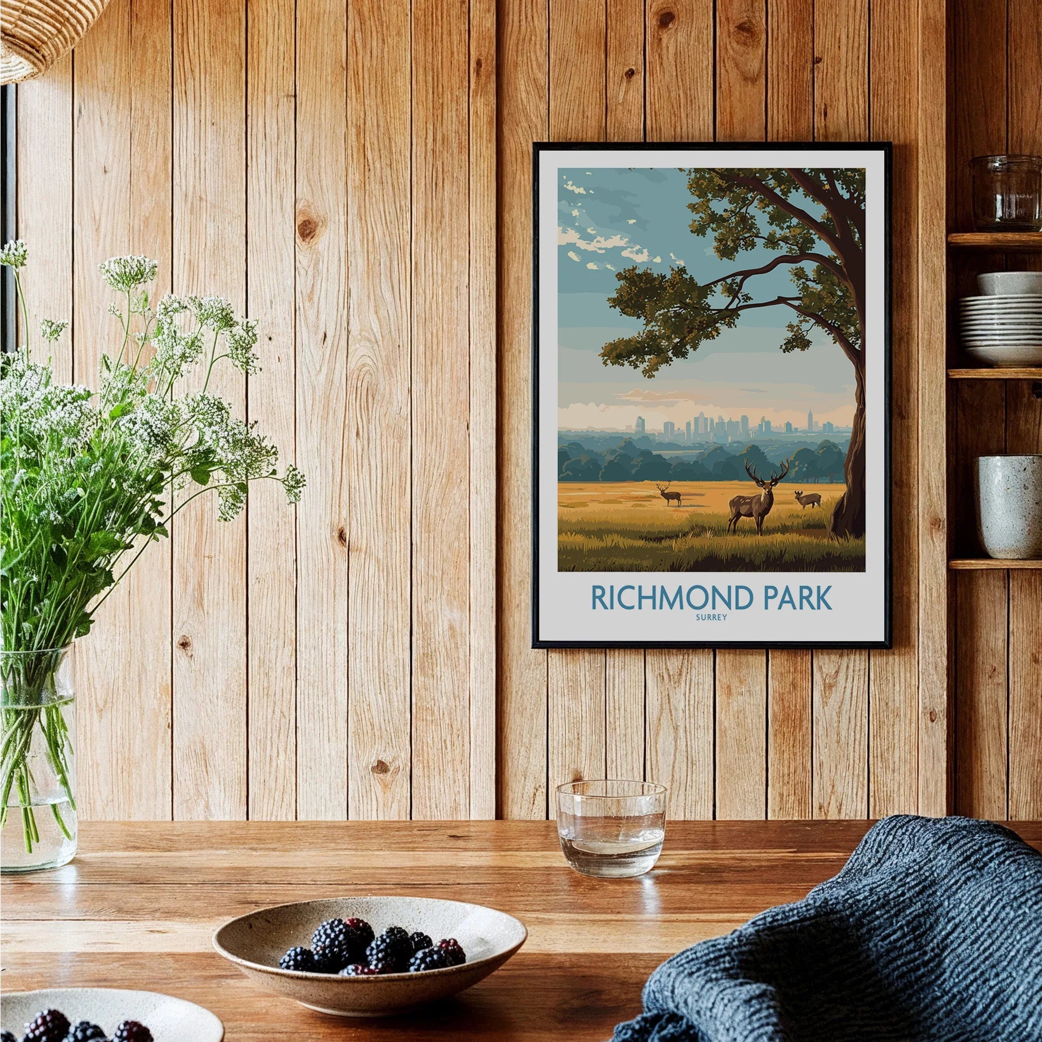 Framed Richmond Park art print on wooden kitchen wall, modern rustic home decor.