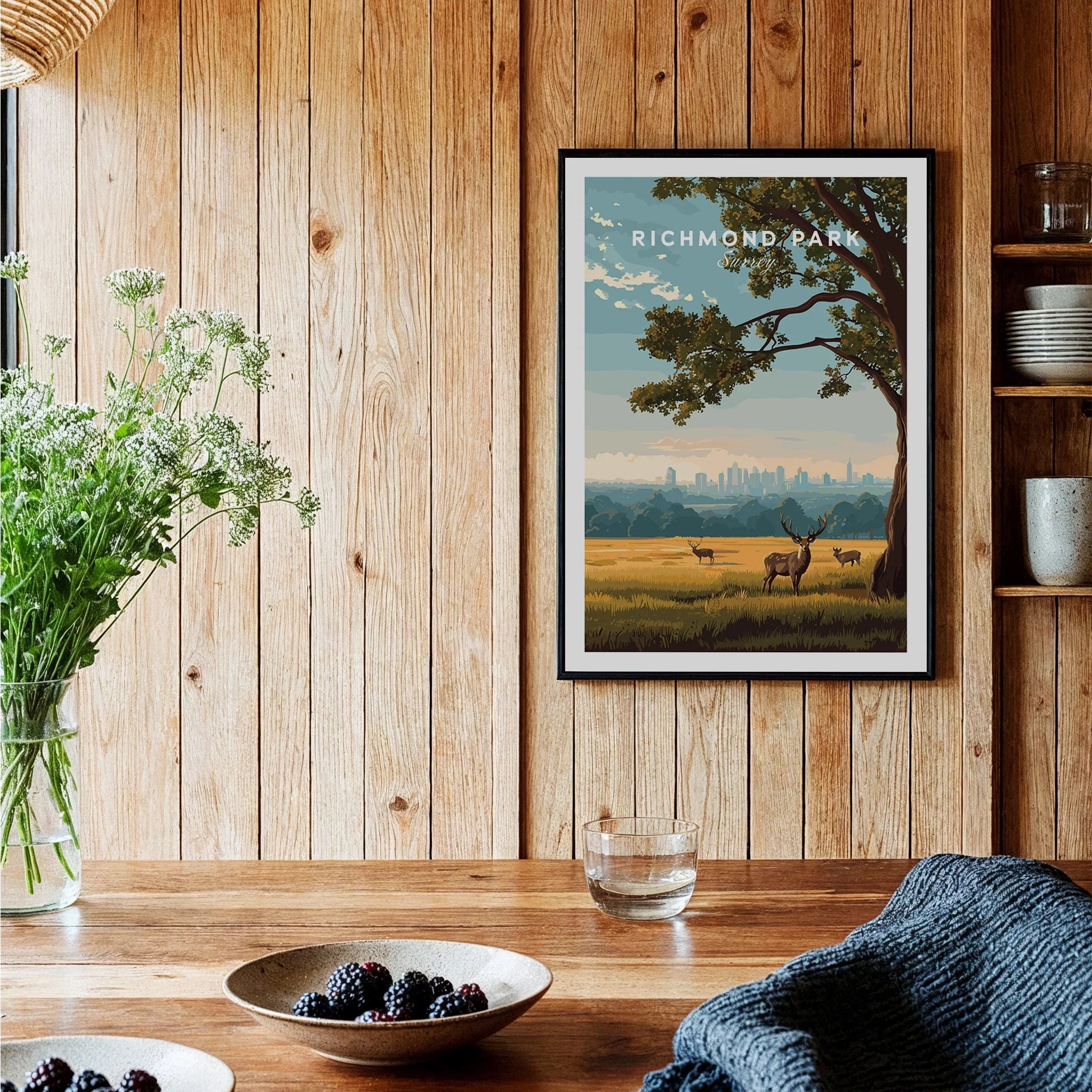 Richmond Park framed art print on wood wall in cozy kitchen with country decor