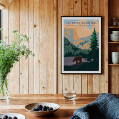 Rocky Mountains Canada art print with bear, framed on wooden kitchen wall, rustic decor