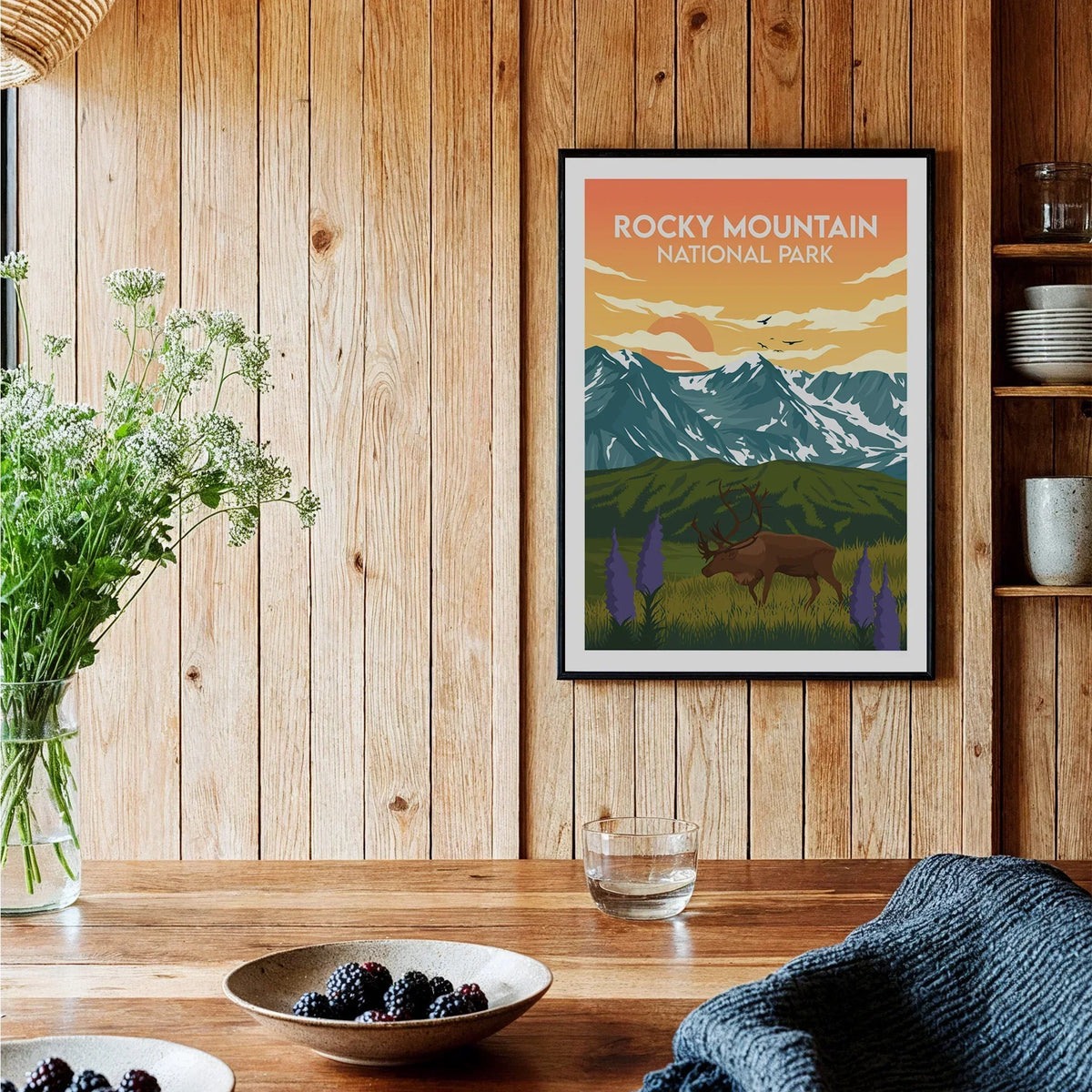 Rocky Mountain National Park art print with elk, hanging in rustic wooden kitchen setting