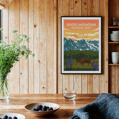 Rocky Mountain National Park art print with elk, hanging in rustic wooden kitchen setting