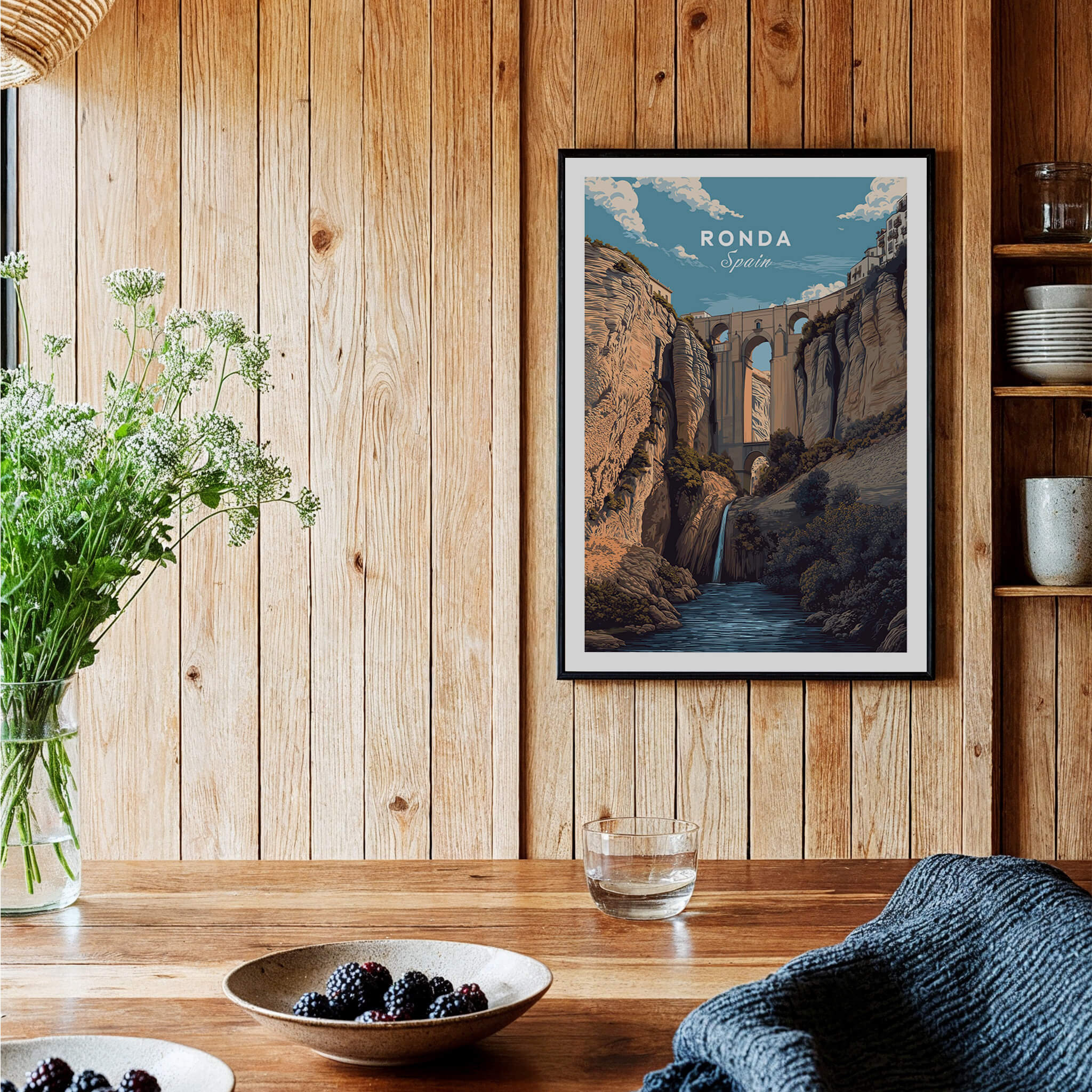 Ronda Spain Wall Art Print | Puente Nuevo Gorge Waterfall Travel Poster showcased in a cozy interior setting.