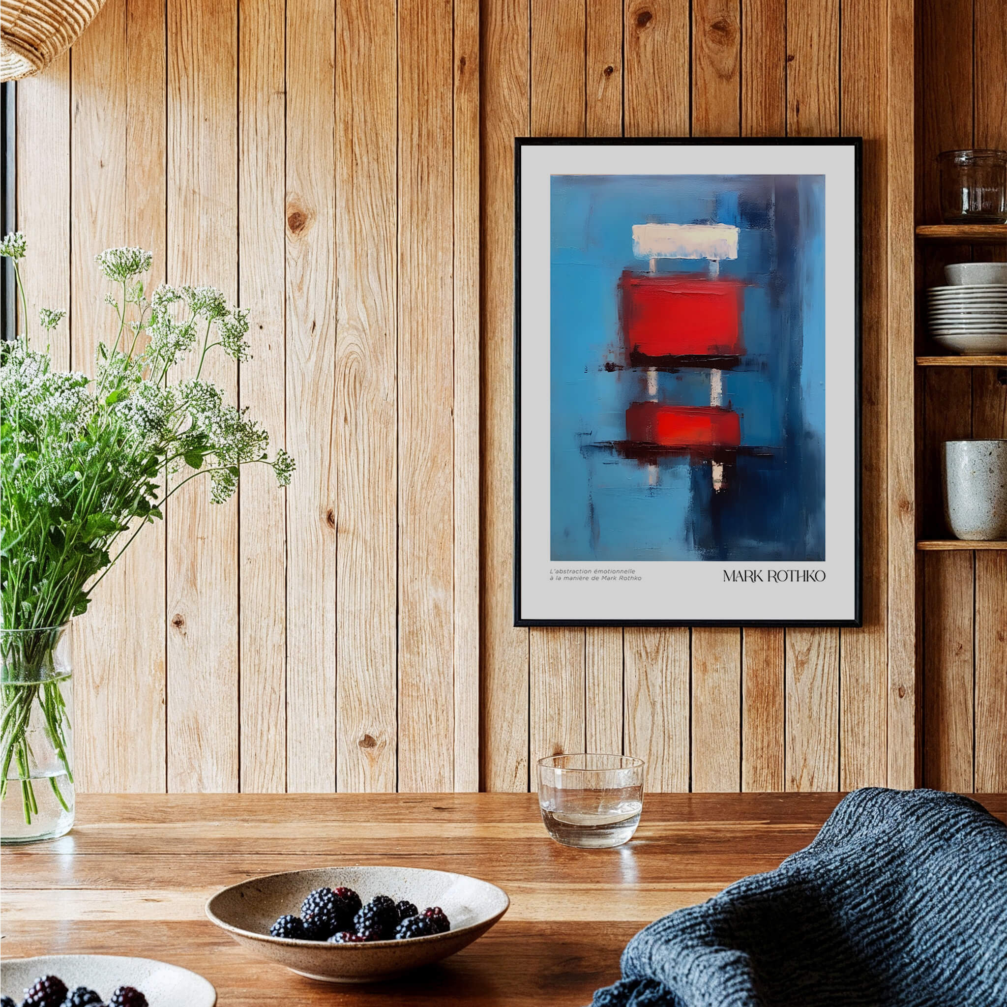 Rothko Inspired Abstract Red Blocks Art Print | Blue Background Wall Decor displayed in a modern kitchen setting.