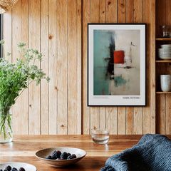 Rothko Inspired Abstract Red and Mint Art Print | Mid-Century Modern Wall Decor displayed in a cozy kitchen setting.