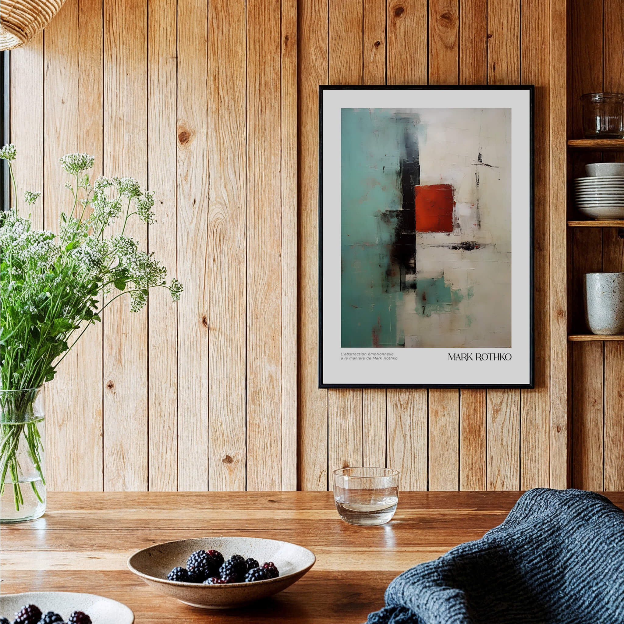 Rothko Inspired Abstract Red and Mint Art Print | Mid-Century Modern Wall Decor displayed in a cozy kitchen setting.