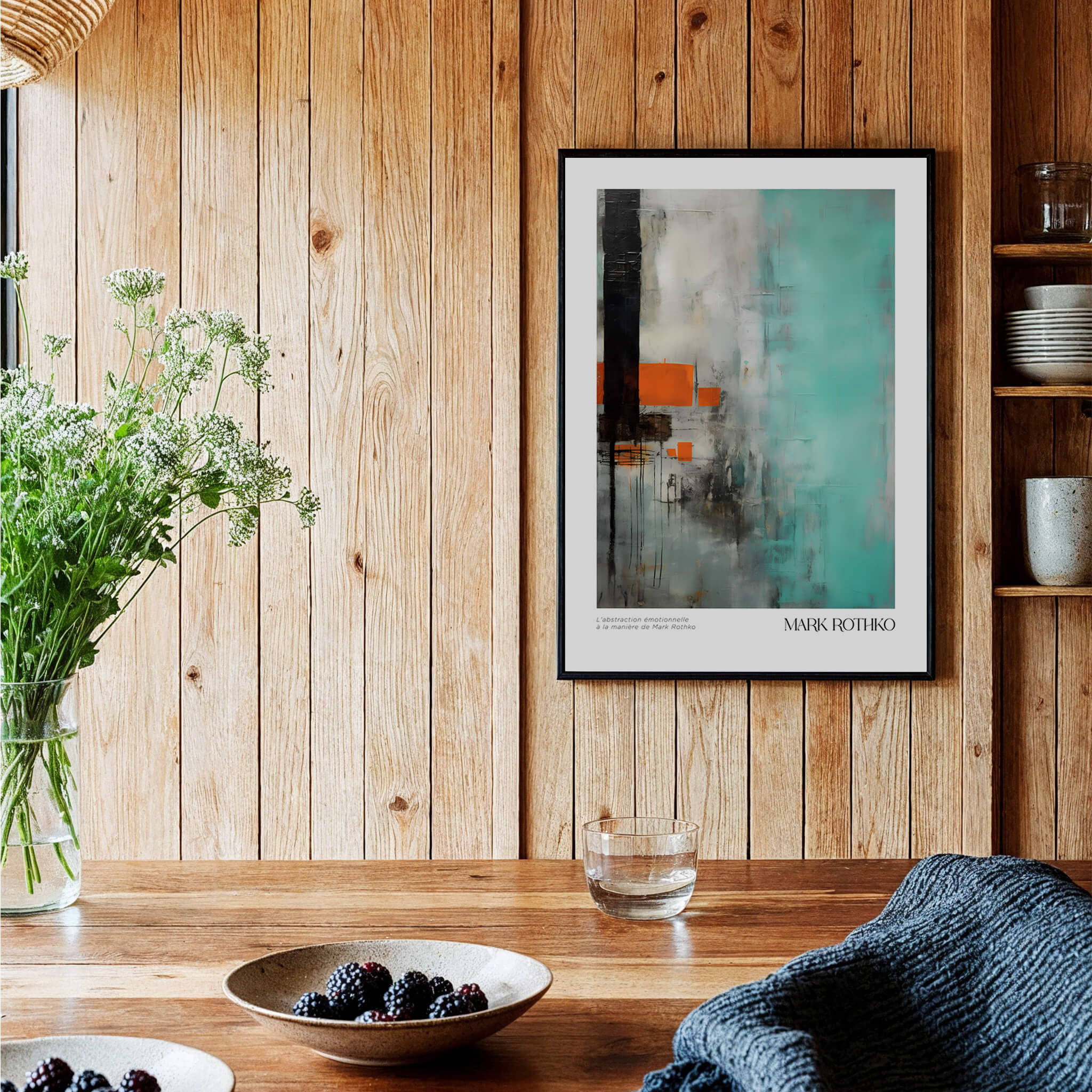 Rothko Inspired Abstract Mint and Orange Art Print | Expressionist Style Wall Decor displayed in a stylish kitchen setting.