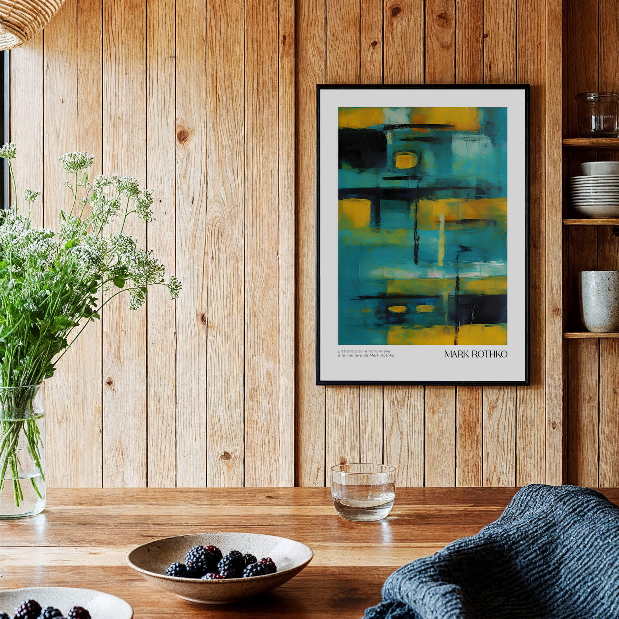 Rothko Inspired Abstract Yellow and Teal Art Print | Modern Poster on a wooden wall, featuring vibrant colors and modern design.