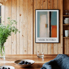 Rothko Inspired Abstract Teal and Orange Art Print | Minimalist Canvas Poster displayed in a wooden interior.