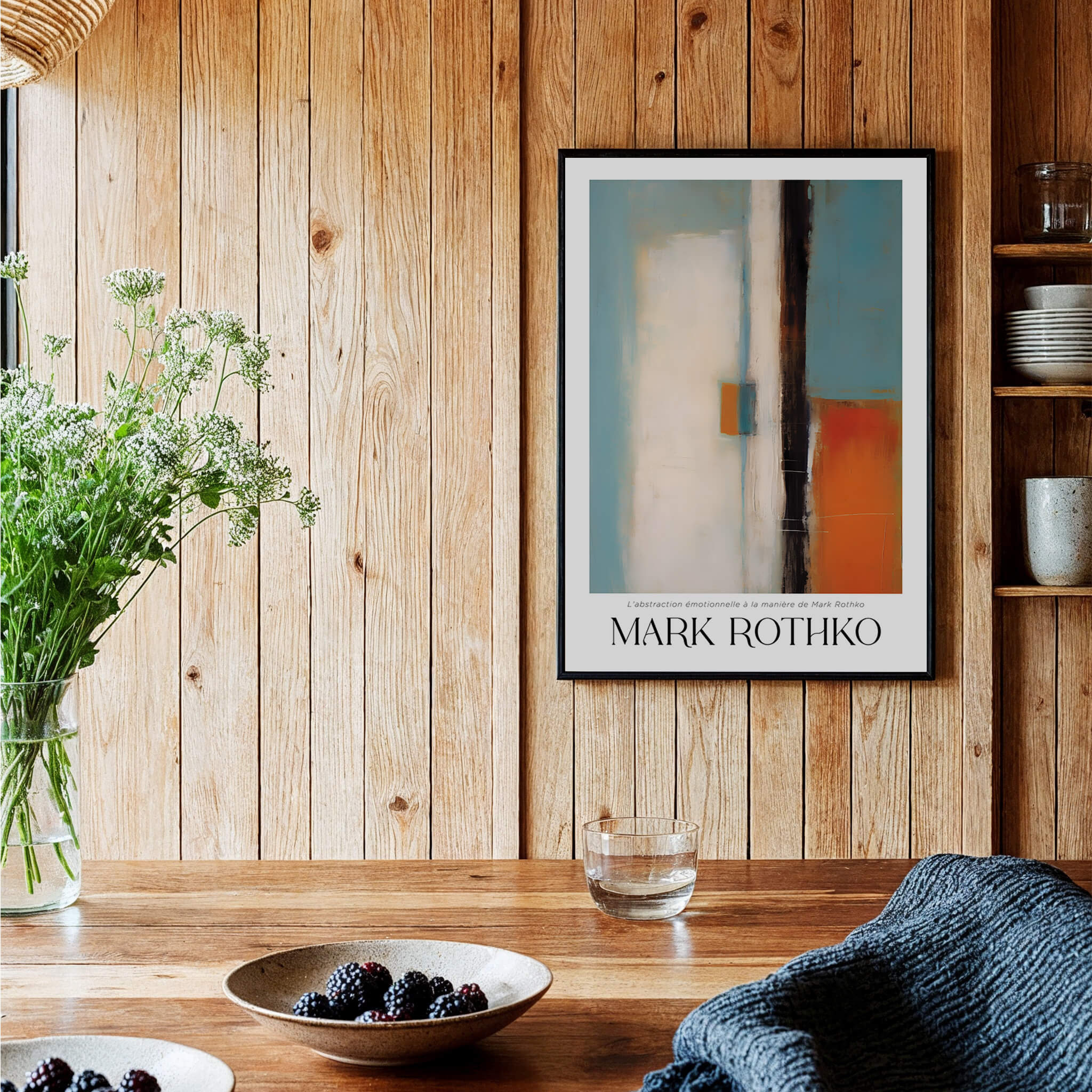 Rothko Inspired Abstract Teal and Orange Art Print | Minimalist Canvas Poster displayed in a wooden interior.