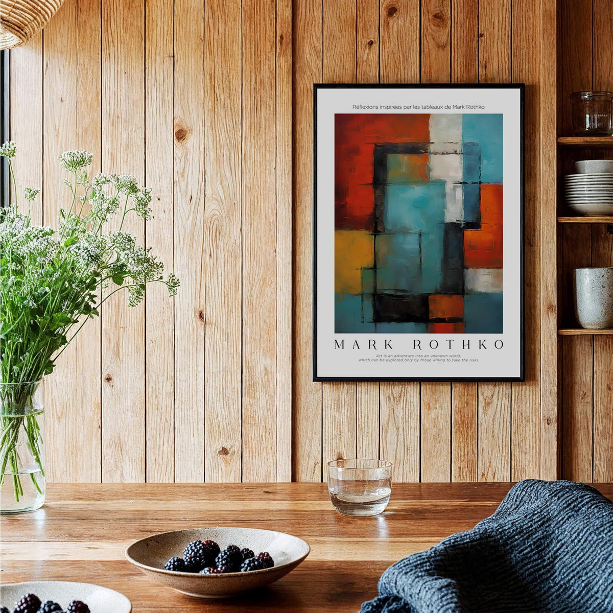 Rothko Style Modern Expressionist Painting Poster | Contemporary Wall Art displayed in a rustic kitchen setting.