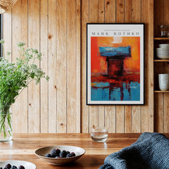 Rothko Style Bold Color Contrast Painting Print | Modern Wall Decor displayed on wooden wall with plants and table setting.