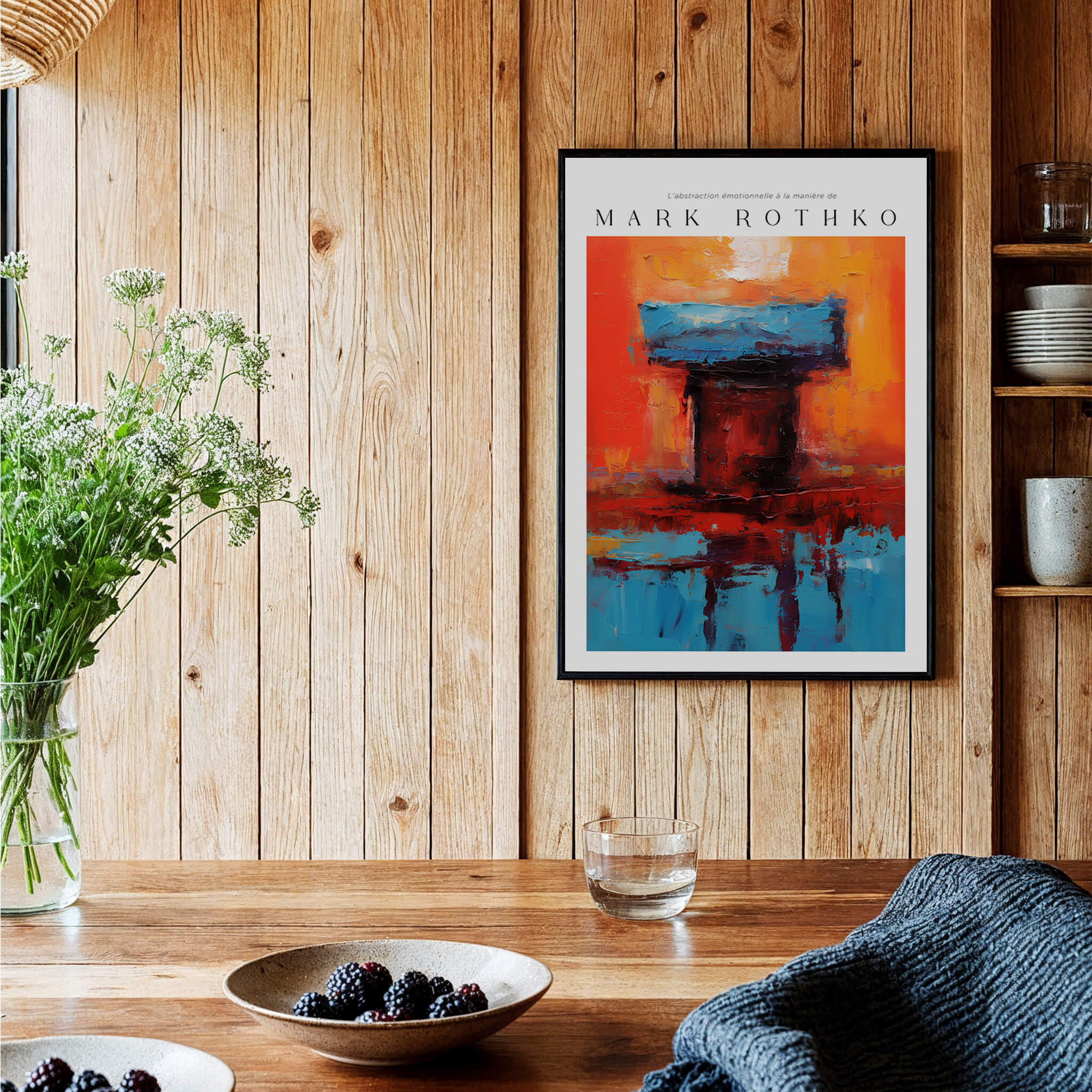 Rothko Style Bold Color Contrast Painting Print | Modern Wall Decor displayed on wooden wall with plants and table setting.