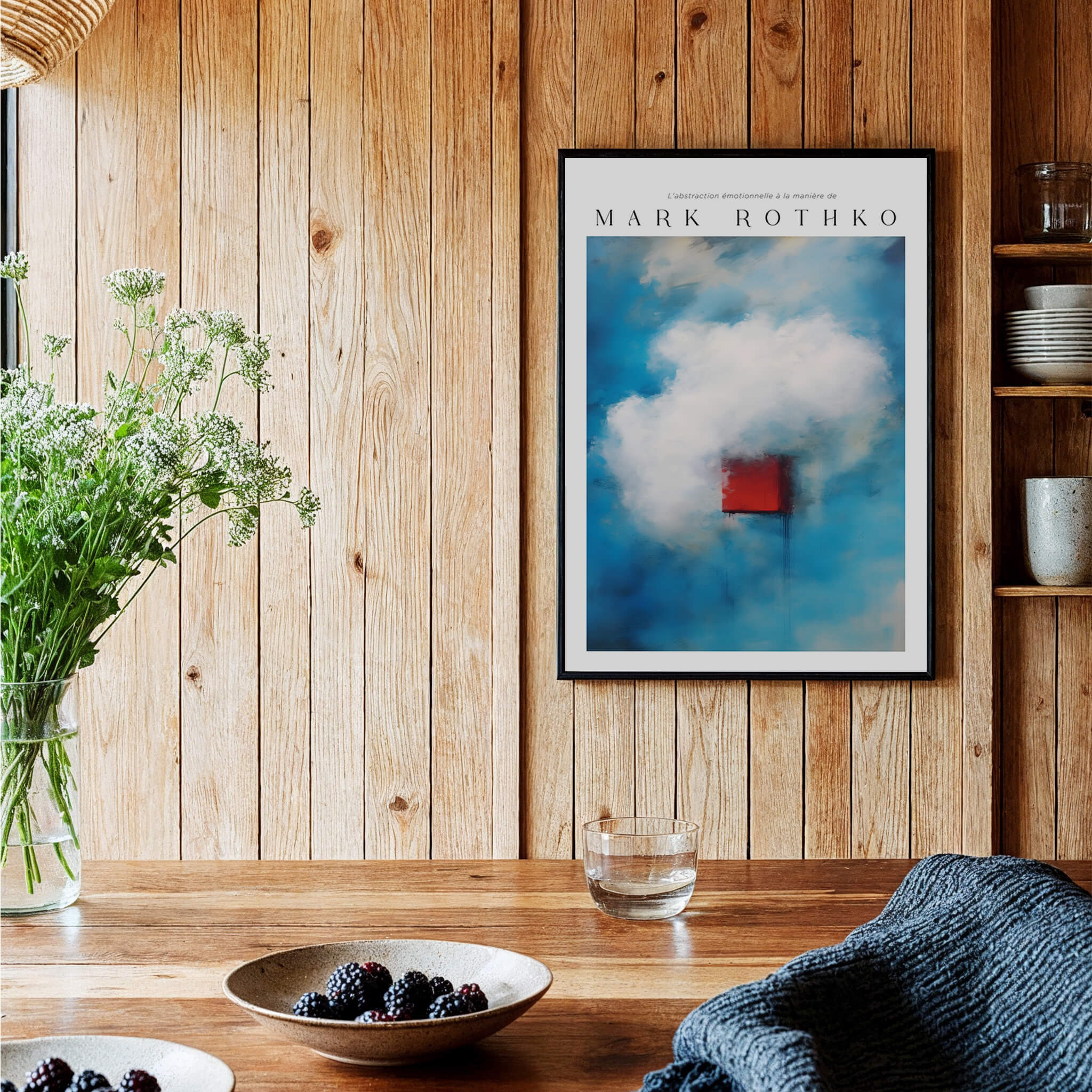 Rothko Style Minimalist Cloud Painting Print | Modern Abstract Wall Decor displayed on a wooden wall amidst a cozy setting.