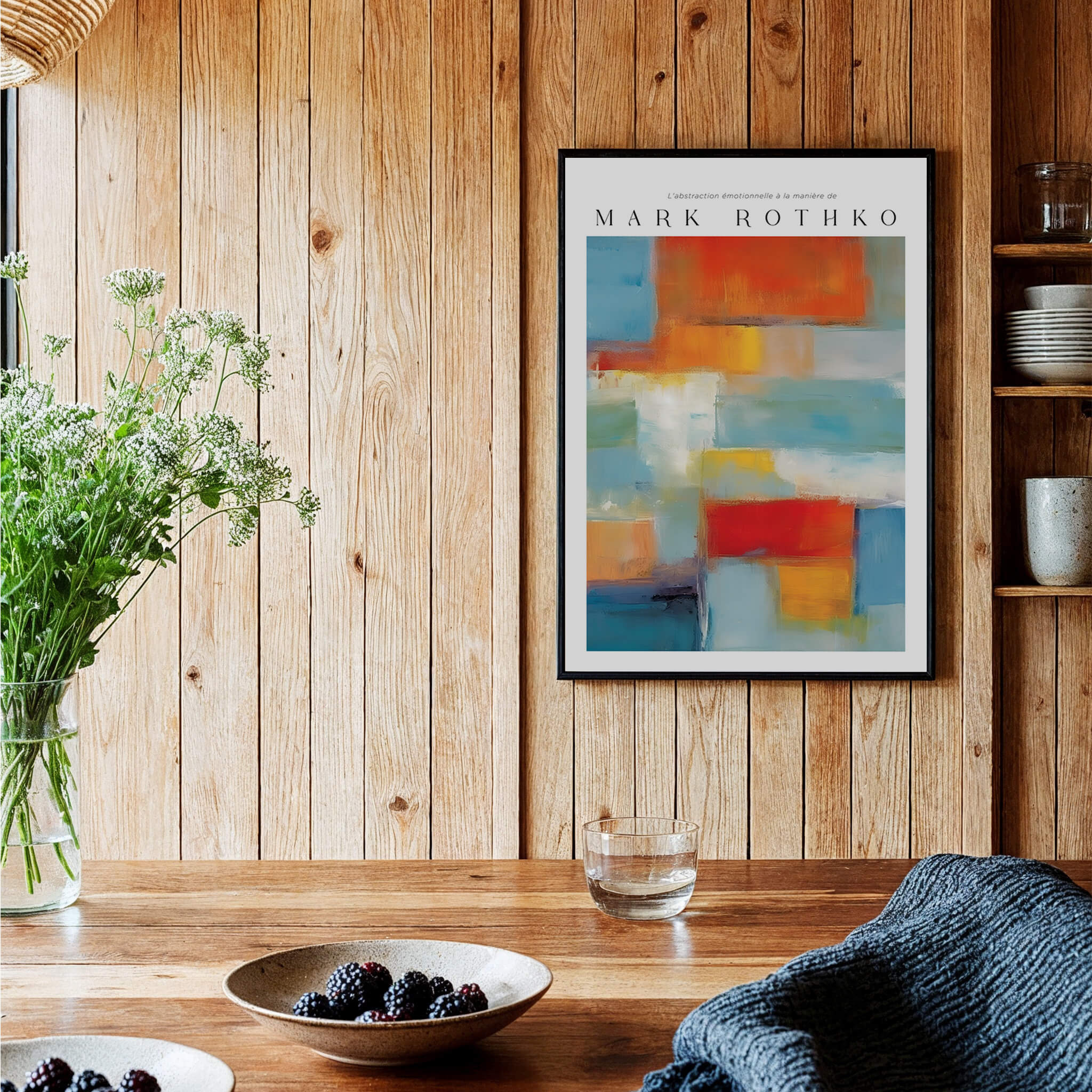 Rothko Canvas Color Abstraction Painting | Modern Abstract Wall Art displayed in a cozy wooden interior with flowers.