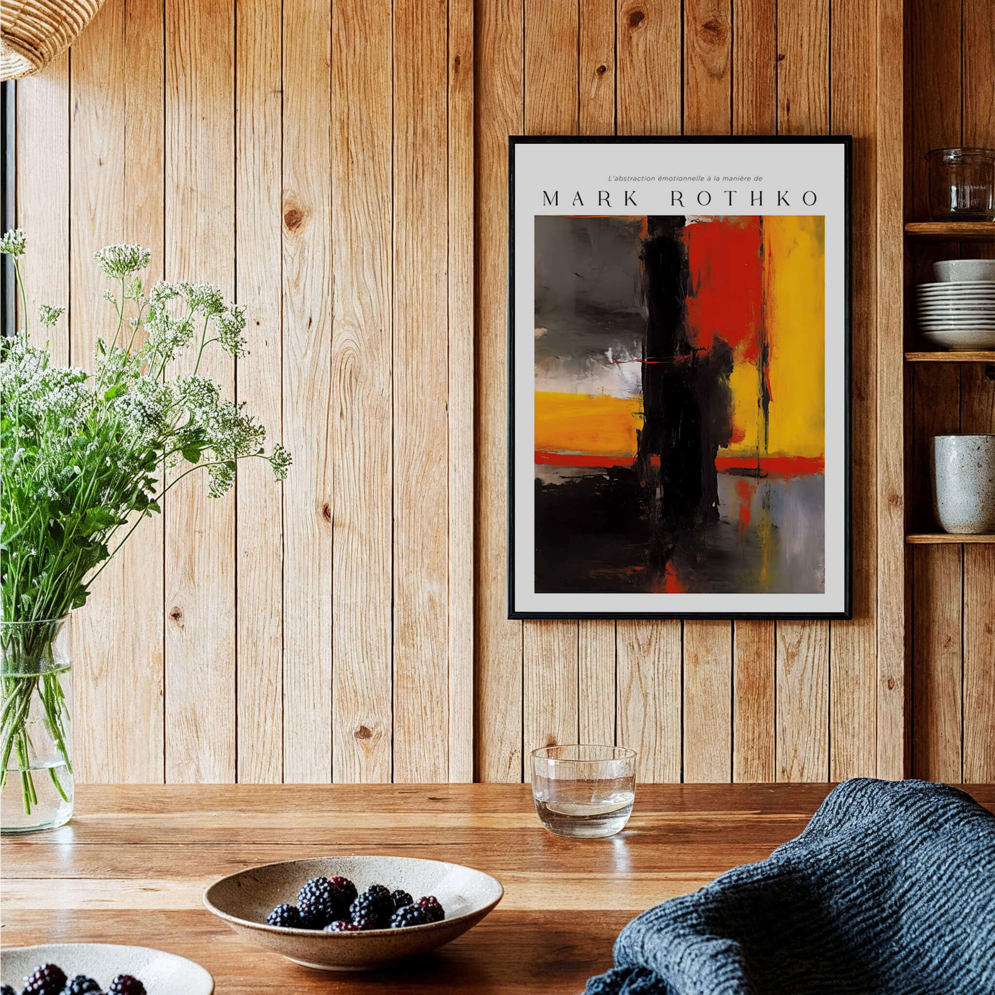 Mark Rothko Style Bold Black and Yellow Abstract Canvas Art Print displayed in a wooden room with plants and decor.
