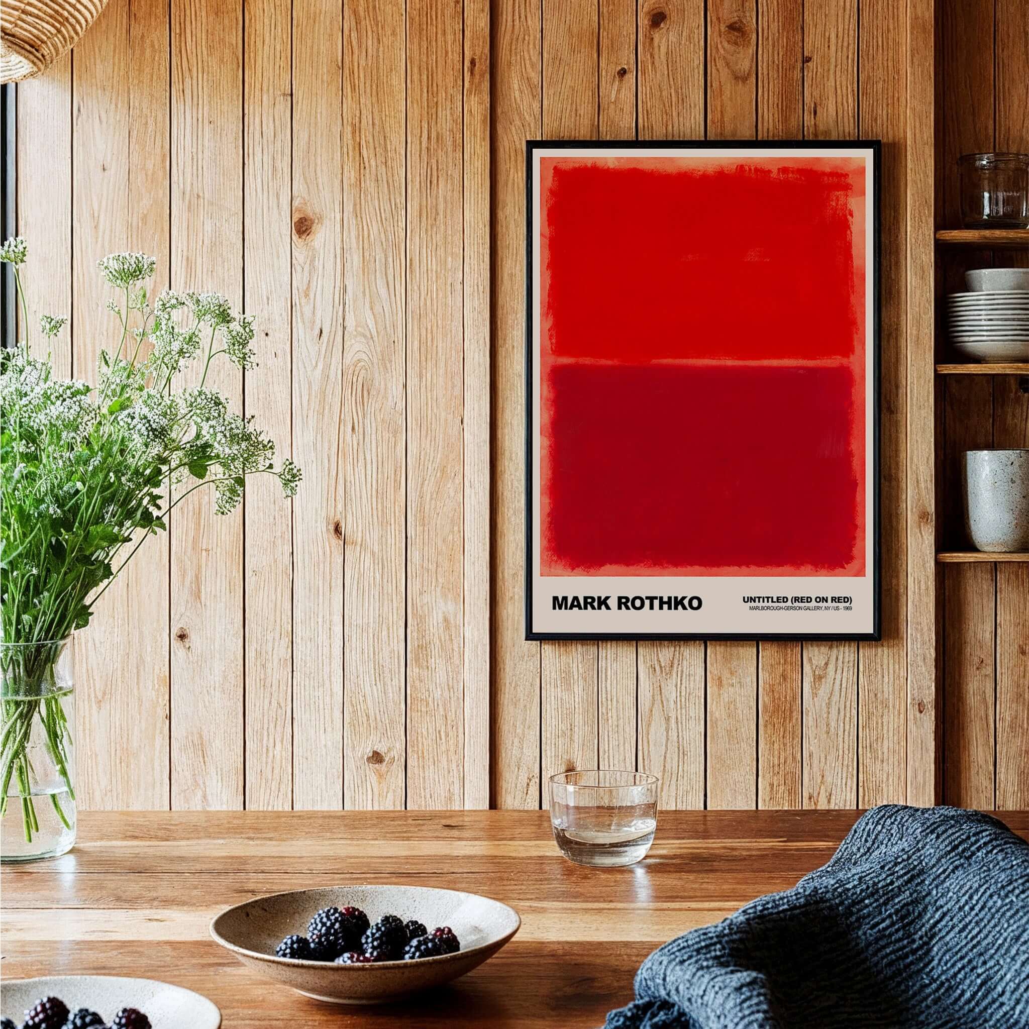 Mark Rothko Untitled Red on Red 1969 Abstract Art Print Color Field Painting Poster displayed on a wooden wall.