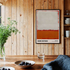 Mark Rothko Untitled 1969 Abstract Expressionism Poster White Orange Color Field Print displayed in a wooden setting.