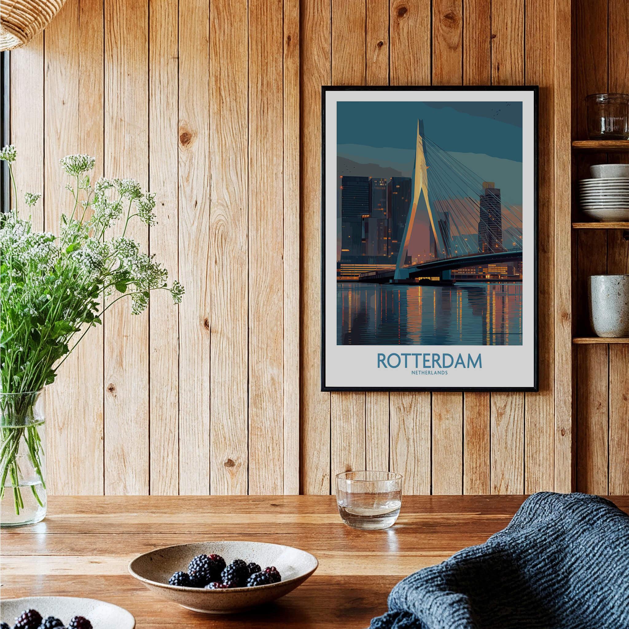 Rotterdam skyline art print in black frame on wooden kitchen wall, modern home decor