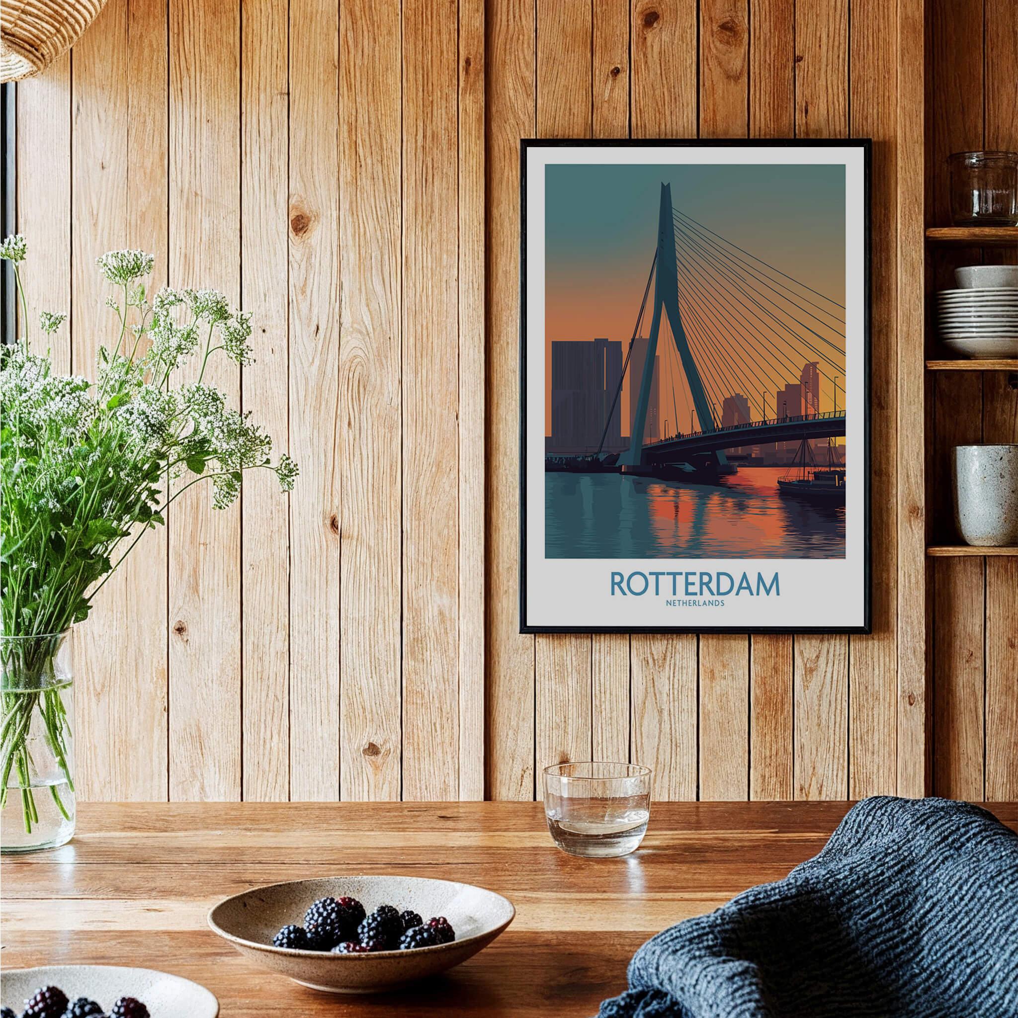 Rotterdam city skyline art print in black frame, displayed in cozy wooden kitchen setting