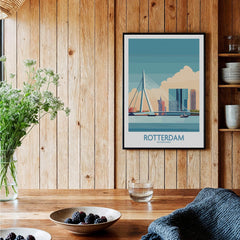 Rotterdam city skyline art print in black frame displayed in cozy wood kitchen decor