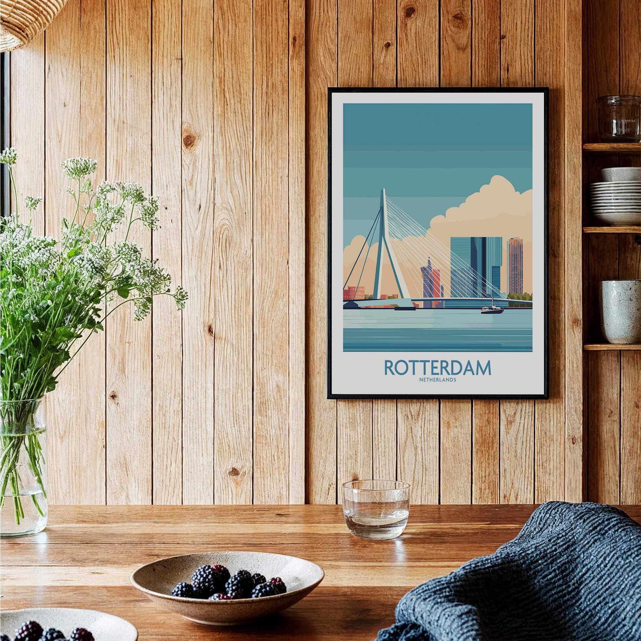 Rotterdam city skyline art print in black frame displayed in cozy wood kitchen decor
